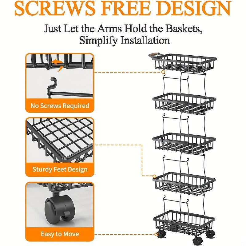 Cesto de Frutas e Legumes de 4/5 Camadas, Carrinho de Armazenamento Metálico Empilhável (com Rodas), Prateleira de Armazenamento Rotativa, Carrinho de Espaço Estreito, Prateleira de Canto, Prateleira Aberta | Adequado para Cozinha, Despensa, Casa de Banho - Imagem 2