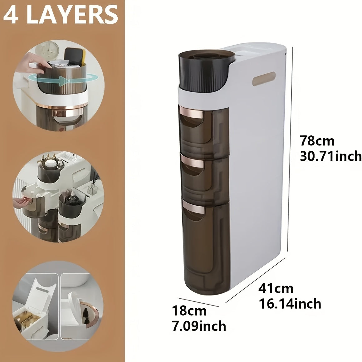 Armário de Armazenamento para Banheiro com Rodas e 4 Níveis - Organizador que Economiza Espaço, Design em Plástico Branco e Marrom para Espaços Estreitos, Unidade Autônoma Multifuncional com Portas Transparentes, Organizadores e Gavetas de Armazenamento p - Imagem 9