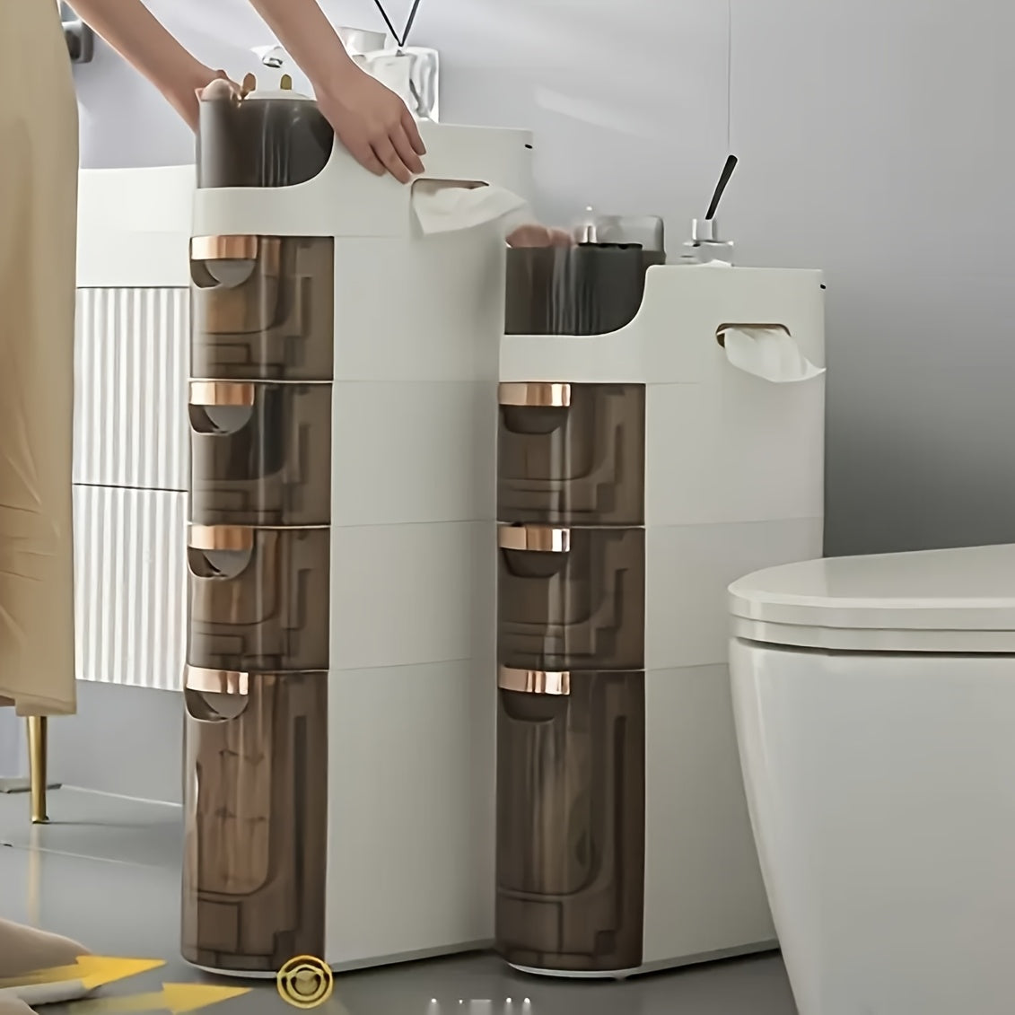 Armário de Armazenamento para Banheiro com Rodas e 4 Níveis - Organizador que Economiza Espaço, Design em Plástico Branco e Marrom para Espaços Estreitos, Unidade Autônoma Multifuncional com Portas Transparentes, Organizadores e Gavetas de Armazenamento p - Imagem 7