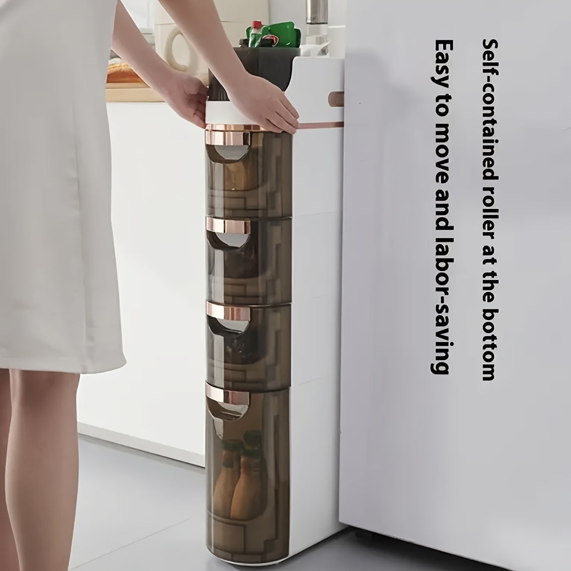 Armário de Armazenamento para Banheiro com Rodas e 4 Níveis - Organizador que Economiza Espaço, Design em Plástico Branco e Marrom para Espaços Estreitos, Unidade Autônoma Multifuncional com Portas Transparentes, Organizadores e Gavetas de Armazenamento p - Imagem 8