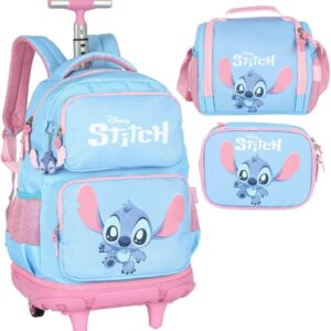 Kit Mochila Rodinhas Stitch Lancheira e Estojo