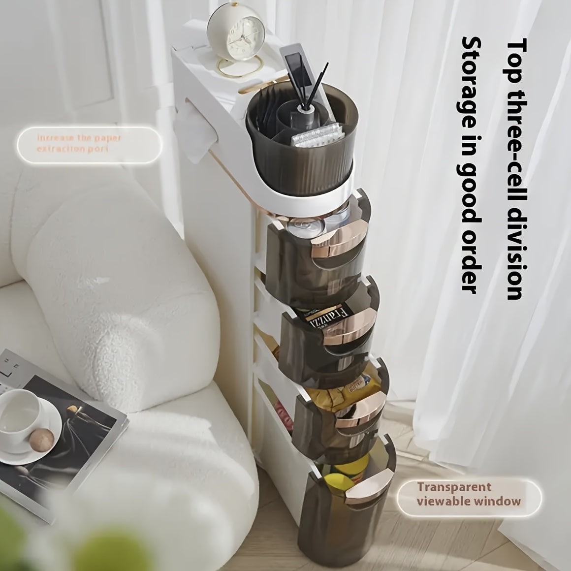 Armário de Armazenamento para Banheiro com Rodas e 4 Níveis - Organizador que Economiza Espaço, Design em Plástico Branco e Marrom para Espaços Estreitos, Unidade Autônoma Multifuncional com Portas Transparentes, Organizadores e Gavetas de Armazenamento p - Imagem 2