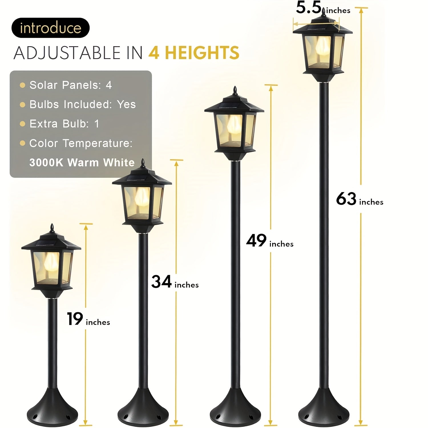2 Unidades de Lâmpadas Solares de Poste de 63 Polegadas, Luzes de Poste para Exterior, Decorações de Natal, Luzes de Poste para Jardim, Pátio, Gramado, Caminho, Entrada, Porta da Frente/Traseira, Branco Quente, Lâmpada Substituível - Imagem 2