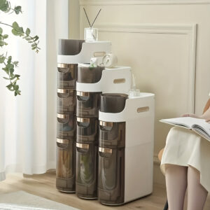 Armário de Armazenamento para Banheiro com Rodas e 4 Níveis - Organizador que Economiza Espaço, Design em Plástico Branco e Marrom para Espaços Estreitos, Unidade Autônoma Multifuncional com Portas Transparentes, Organizadores e Gavetas de Armazenamento p