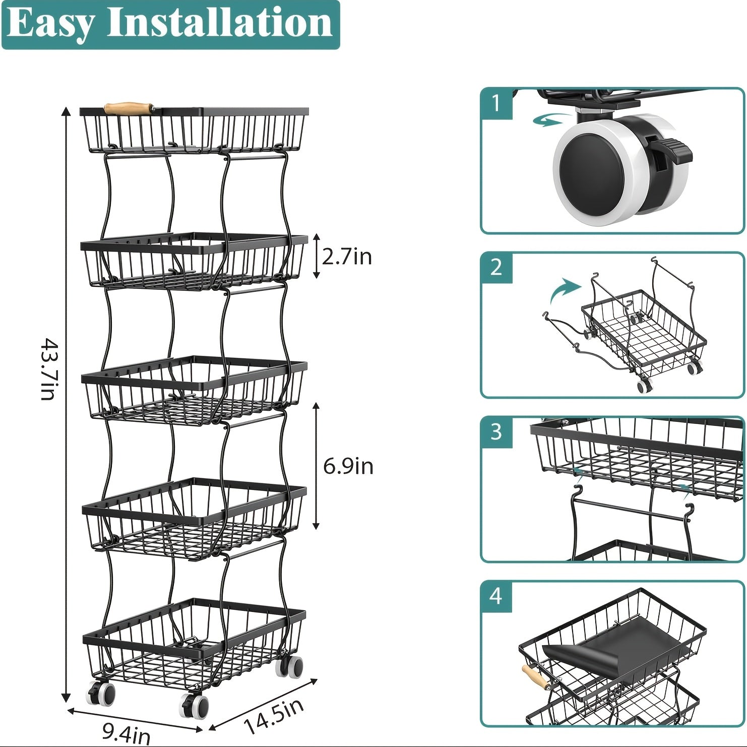 Cesto de Frutas e Legumes de 4/5 Camadas, Carrinho de Armazenamento Metálico Empilhável (com Rodas), Prateleira de Armazenamento Rotativa, Carrinho de Espaço Estreito, Prateleira de Canto, Prateleira Aberta | Adequado para Cozinha, Despensa, Casa de Banho - Imagem 7
