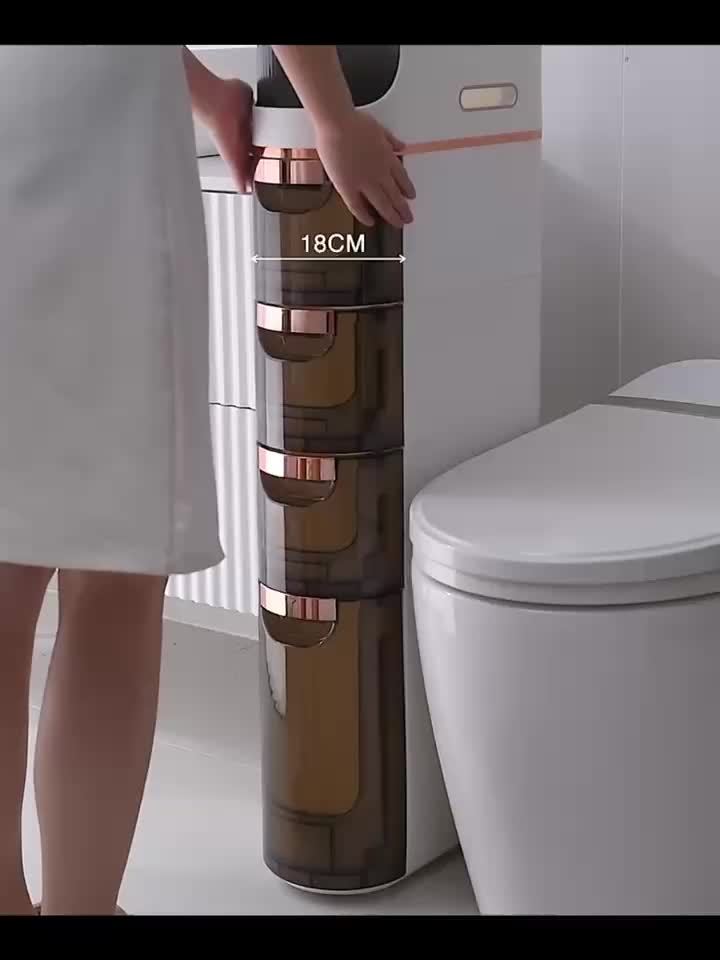 Armário de Armazenamento para Banheiro com Rodas e 4 Níveis - Organizador que Economiza Espaço, Design em Plástico Branco e Marrom para Espaços Estreitos, Unidade Autônoma Multifuncional com Portas Transparentes, Organizadores e Gavetas de Armazenamento p - Imagem 12