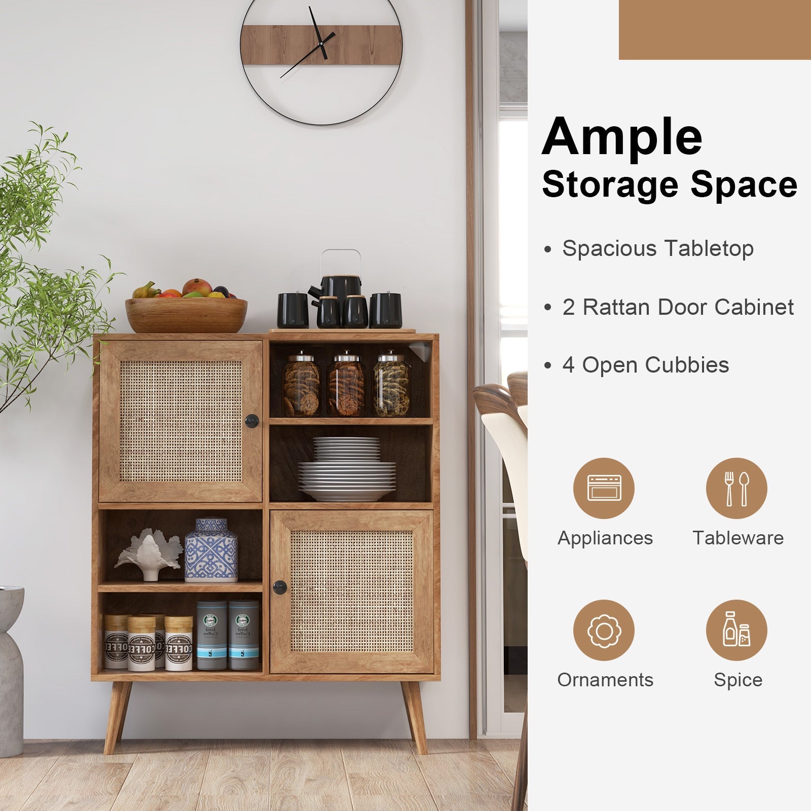 Armário de Armazenamento Lateral de Madeira com 2 Portas de Vime e 2 cubos - Imagem 2